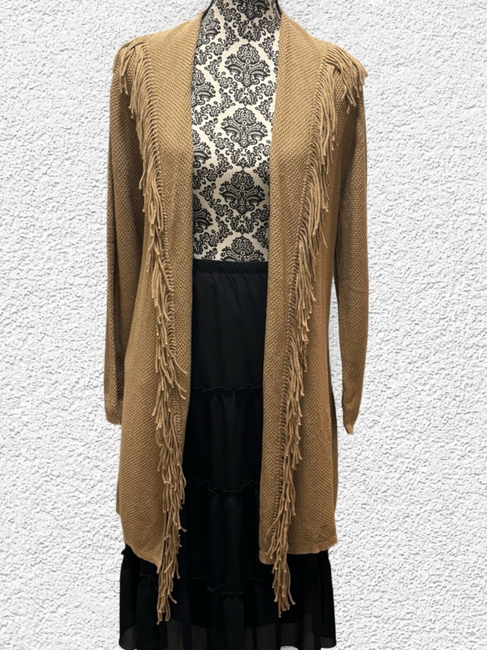 NWT J.Jill Cardigan Waffle-Weave Sweater Fringe Detail Open Front Tie Waist Belt